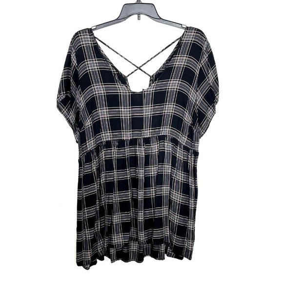 torrid Tops - Torrid Size 4X 4 Tunic Top Blouse Peplum Babydoll Black Plaid Cross Back SS